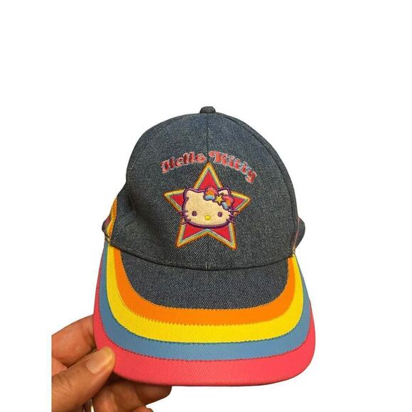 Sanrio Hello Kitty Hat Denim Rainbow accent and Hello Kitty on Star 100% Cotton - Picture 1 of 8